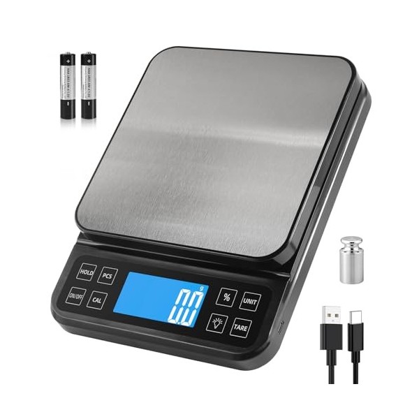 BOMATA Balance de cuisine grande taille, précision de 0,1 g, balance de boulangerie de 5 kg fonction pourcentage, rechargeabl