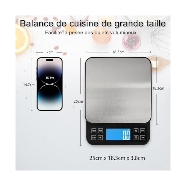 BOMATA Balance de cuisine grande taille, précision de 0,1 g, balance de boulangerie de 5 kg fonction pourcentage, rechargeabl