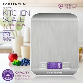 PORTENTUM Balance de Cuisine Électronique de Haute Précision 5000g/1g avec Écran LCD Rétroéclairé, 6 Unités et Fonction Tare 