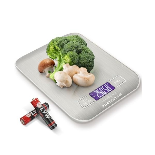 PORTENTUM Balance de Cuisine Électronique de Haute Précision 5000g/1g avec Écran LCD Rétroéclairé, 6 Unités et Fonction Tare 
