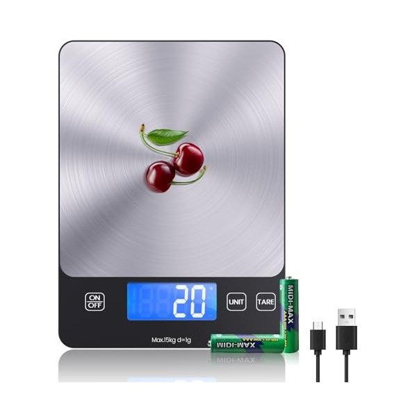 [ Rechargeable & 15kg ] Balance de Cuisine Numérique, Balance Cuisine électronique USB C, Balance Alimentaire de Haute précis