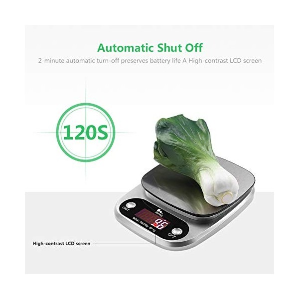 Balance de cuisine numérique de 10 kg avec fonction tare et arrêt automatique en acier inoxydable de qualité supérieure pour 