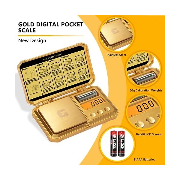 GRAM PRES Balance numérique de poche 300g x 0.01g Précision， Petite Mini Balance en Or de Haute Précision Poids Numérique Gra