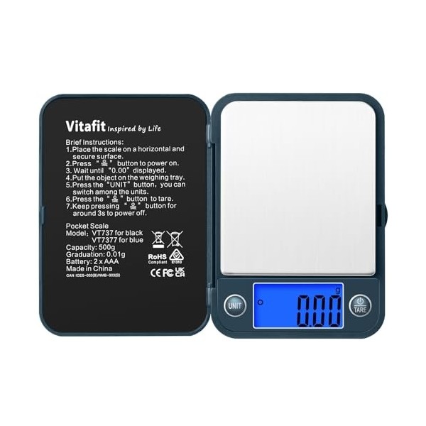 Vitafit Balance de Precision 500g/0.01g, Balance de Poche Électronique avec Écran LCD, Balance digitale en grammes, Balance d