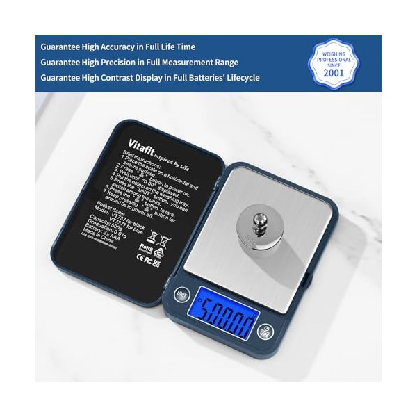 Vitafit Balance de Precision 500g/0.01g, Balance de Poche Électronique avec Écran LCD, Balance digitale en grammes, Balance d