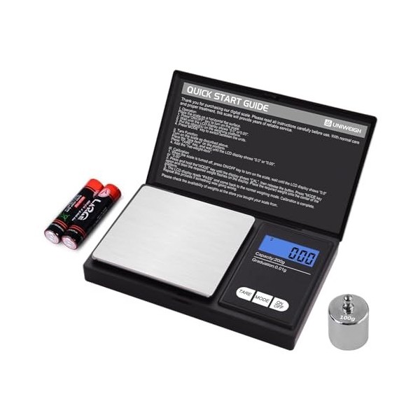 UNIWEIGH Balance digitale à gramme,200g 0.01g,Balance électronique de poche intelligente avec 100g de poids calibre,pour les 