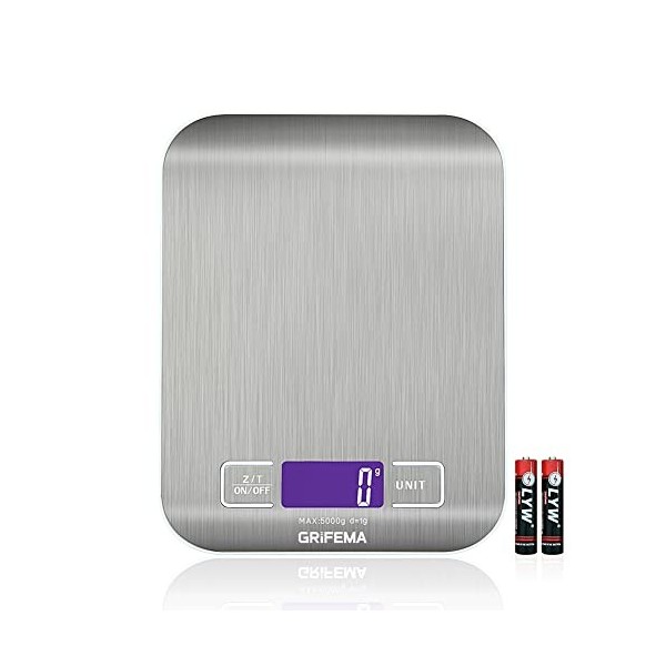 GRIFEMA GA2002 Balance de Cuisine Électronique de Haute Précision 5000g/1g avec Écran LCD Rétroéclairé, 6 Unités et Fonction 
