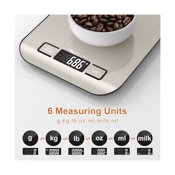 CROWNFUL Balance de cuisine, Balance de haute précision en acier inoxydable, Capacité de 5 kg, Balance numérique de Cuisine a