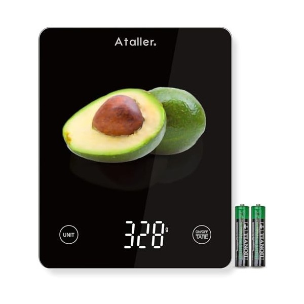 Ataller Balance numérique de cuisine, panneau en verre trempé, capacité de 10 kg, balance alimentaire avec affichage LED et i