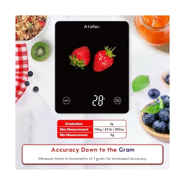 Ataller Balance numérique de cuisine, panneau en verre trempé, capacité de 10 kg, balance alimentaire avec affichage LED et i