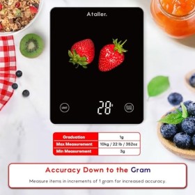 Ataller Balance numérique de cuisine, panneau en verre trempé, capacité de 10 kg, balance alimentaire avec affichage LED et i