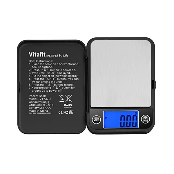 Vitafit Balance de Precision 500g/0.01g, Balance de Poche Électronique avec Écran LCD, Balance digitale en grammes, Balance d