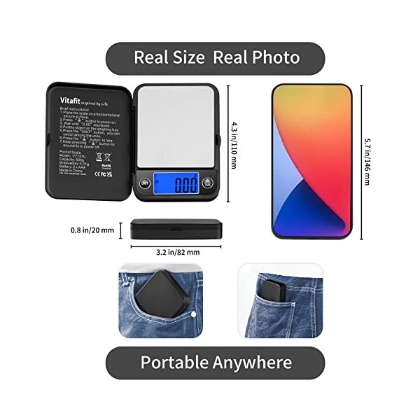 Vitafit Balance de Precision 500g/0.01g, Balance de Poche Électronique avec Écran LCD, Balance digitale en grammes, Balance d