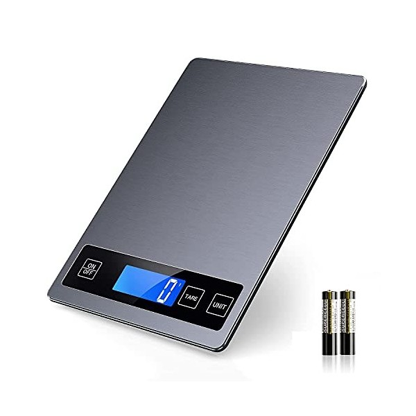 NBPOWER Balance de cuisine, numérique, 10 kg, en acier inoxydable et verre trempé, avec grande surface de pesage, précision d