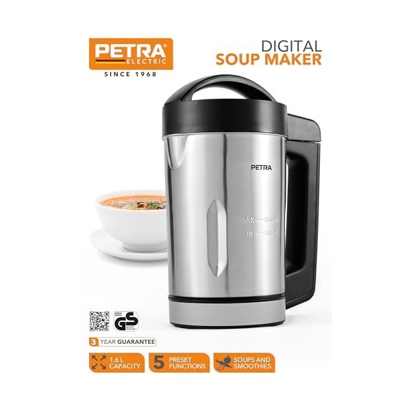 Petra Machine à soupe, Blender à Soupe Chauffant, pichet en acier inoxydable1,6 L, 5 programmes de cuisson, ecran digital, ma