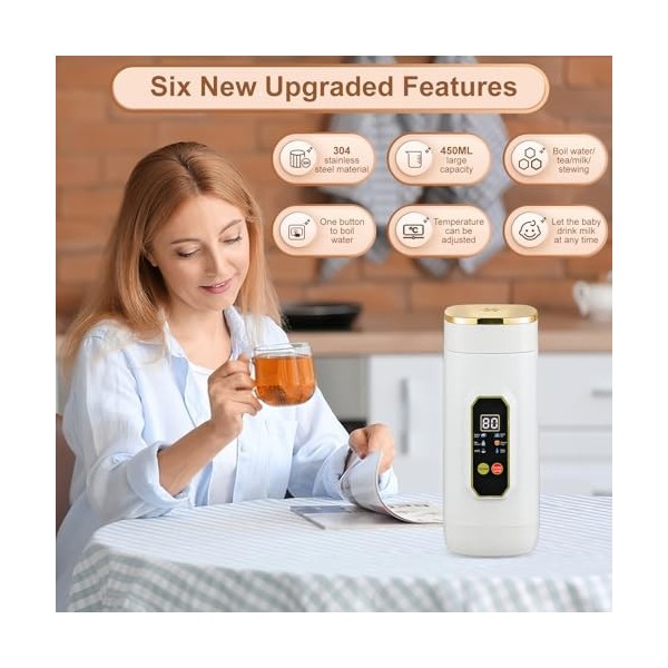 Bouilloire de Voyage Petite, 450ml Mini Bouilloire avec 6 Réglages de Température Indicateur de Température LED en Temps Réel