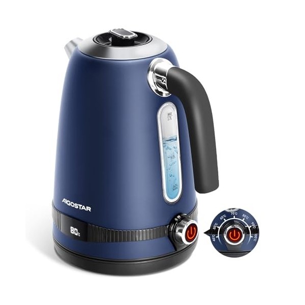 Aigostar Lori - Bouilloire Electrique inox Temperature Reglable 40°C à 100°C, Vintage Bouilloire électrique Thermostat Réglab