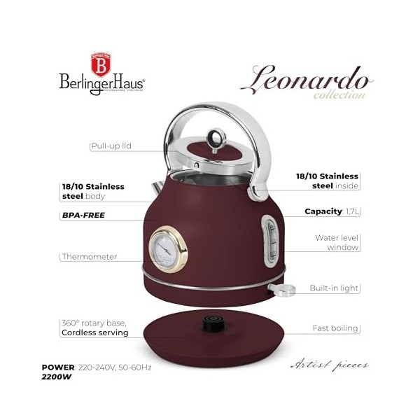 Berlinger Haus Bouilloire 1,7 l avec thermomètre Leonardo Collection, élégante, puissante et pratique, bordeaux mat