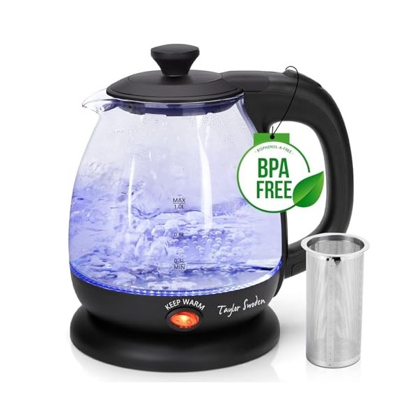 Taylor Swoden Bouilloire en verre 1 litre, 2200 W, bouilloire électrique avec éclairage LED, sans BPA, fonction maintien au c