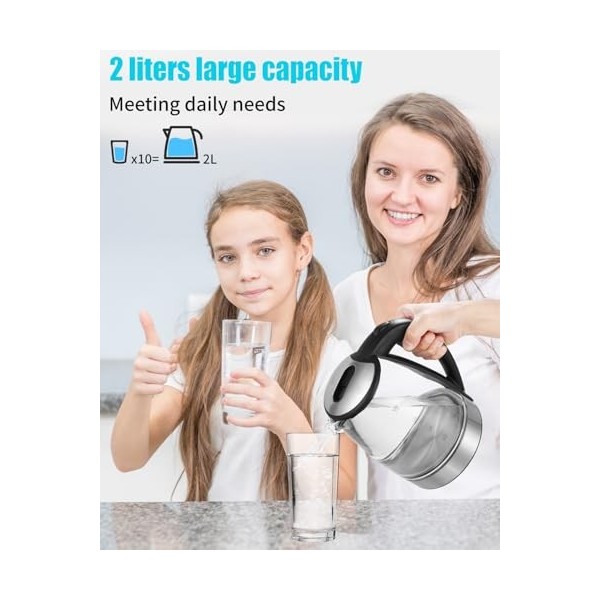 Bouilloire en verre 2 litres,Bouilloire en verre éclairée par LED,2300W,chauffage rapide,sans BPA,Éclairage interne,arrêt aut