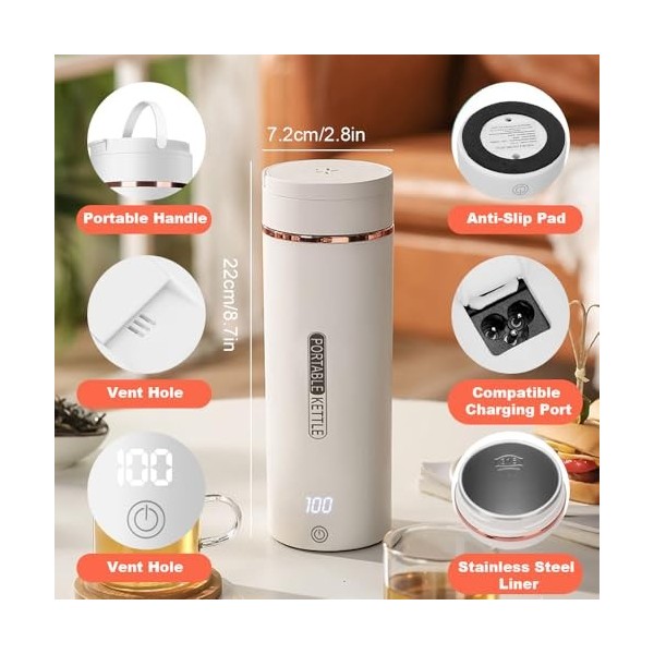 KBIBCK Bouilloire Électrique de Voyage, 500ML Mini Bouilloire Électrique avec 6 Réglages de Température, Bouilloire de Voyage