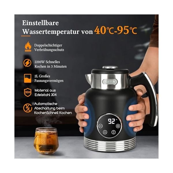 Taylor Swoden Asher Pro - Bouilloire électrique noire, Écran numérique digital,2 L,Intérieur inox,Température Réglable 40℃ à 