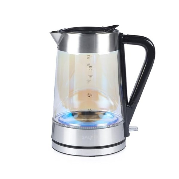 Salter Bouilloire en Verre Irisé 1,7 L, Éclairage LED, Couvercle à Eau à Pression Pour un Remplissage Facile, Filtre Anti-Cal