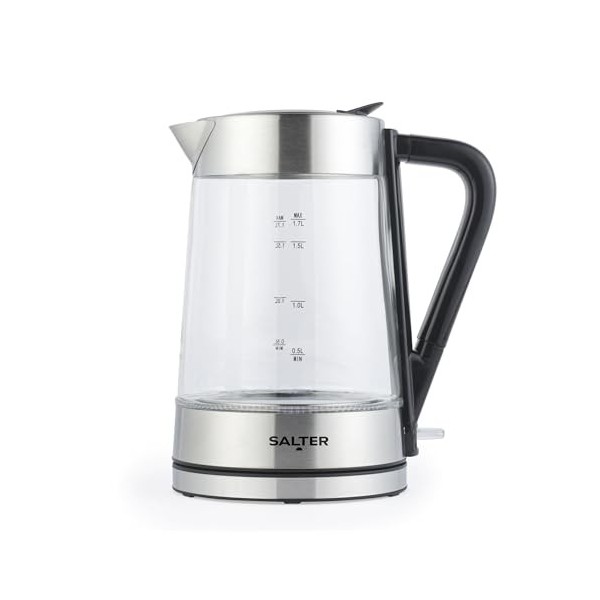 Salter Bouilloire en Verre Irisé 1,7 L, Éclairage LED, Couvercle à Eau à Pression Pour un Remplissage Facile, Filtre Anti-Cal