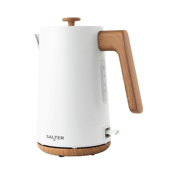 Salter Toronto Bouilloire 1,7L, Bouilloire Blanc Mat avec Effet Bois Sans Fil, Fonction Arrêt Rapide 3KW, Base à 360°, Avec F