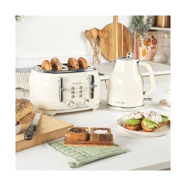 Salter Bouilloire Rétro 1,7 L Sans Fil, Ébullition Rapide 3KW, Base Rotative à 360°, Avec Filtre Anti-Calcaire Amovible, Jaug