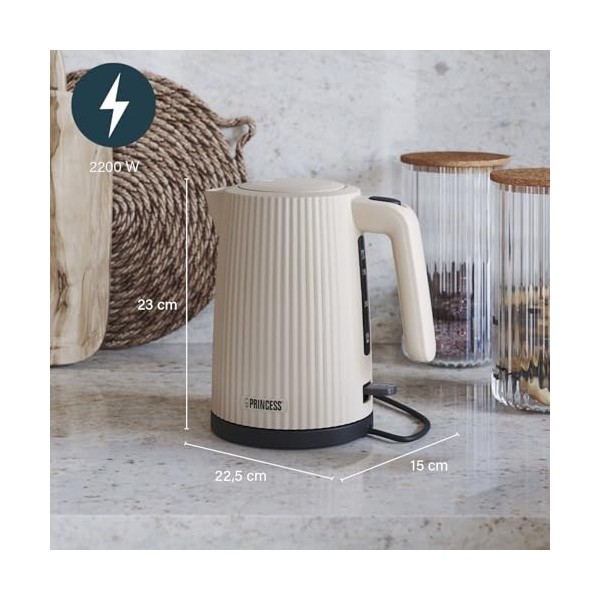 Princess Bouilloire Wave, 1,7L, 360° sans fil, 2200W, sans BPA, protection à sec et surchauffe, niveau d’eau, filtre amovible