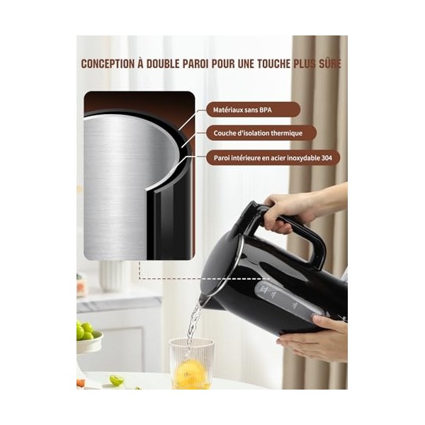 Aigostar Lydian - Bouilloire Electrique Inox 1,7 L, 2200W Double Paroi Bouilloires électriques, Avec Indicateur de Niveau de