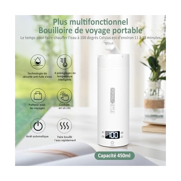 Dreamhigh® Bouilloire de Voyage, 450ml Mini Bouilloire Electrique, 300W Petite Bouilloire Electrique, Chauffe Eau Portable po