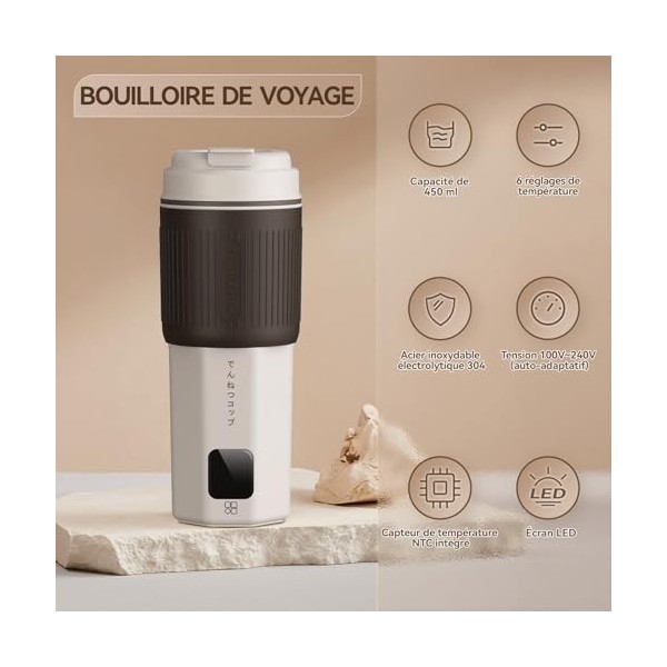 QianShouYan Bouilloire de Voyage 450ml avec Régulation de Température en 6 Étapes, 300W, Étanche, Protection Contre la Surcha