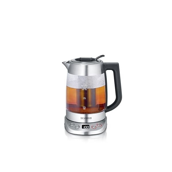 SEVERIN Bouilloire Eau et Thé, 1,7L, 3 000W, Filtre à thé, Température et Temps Dinfusion Personnalisables, Verre/Inox, WK 3