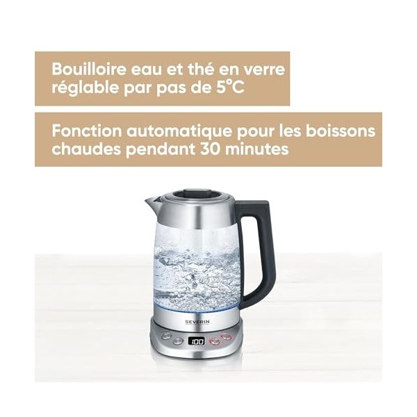 SEVERIN Bouilloire Eau et Thé, 1,7L, 3 000W, Filtre à thé, Température et Temps Dinfusion Personnalisables, Verre/Inox, WK 3