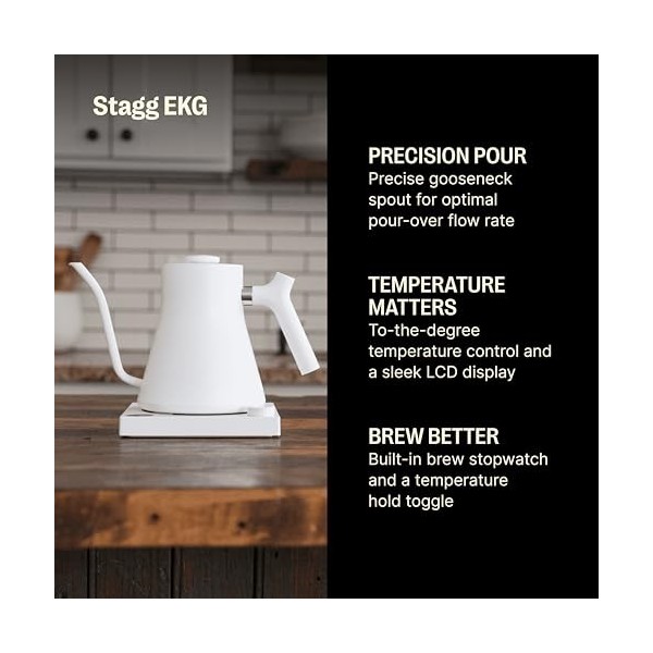 Fellow Stagg EKG | Bouilloire Electrique pour Café et Thé | Blanc Mat | Contrôle de Température Variable | Chauffage rapide |