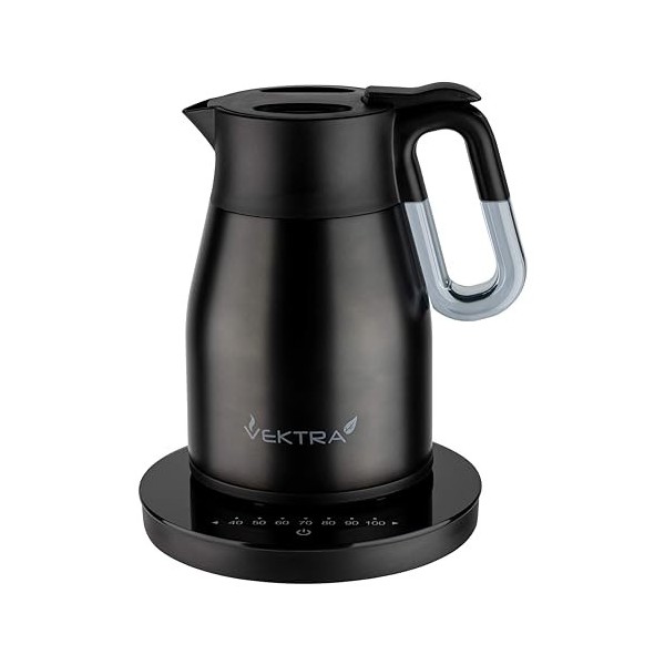 Vektra Series 4 bouilloire électrique isotherme à double paroi en acier inoxydable – 1.7L, noir, sans-bpa, prise EU, base ave