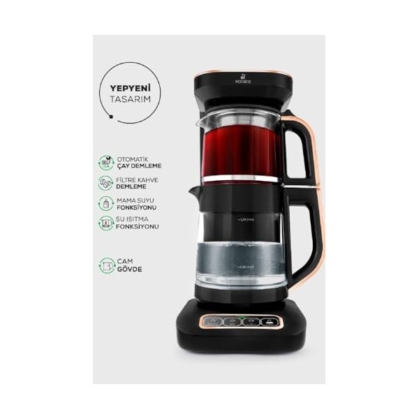 Karaca Bouilloire Robotea Pro 4 en 1 automatique et parlante Bouilloire et cafetière filtre 2500W, Black Copper