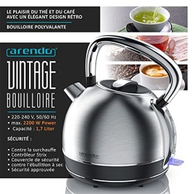 arendo - Bouilloire électrique en Acier Inoxydable - 1,7 Litre - 2200 W - Style Vintage rétro - Filtre anticalcaire Amovible 