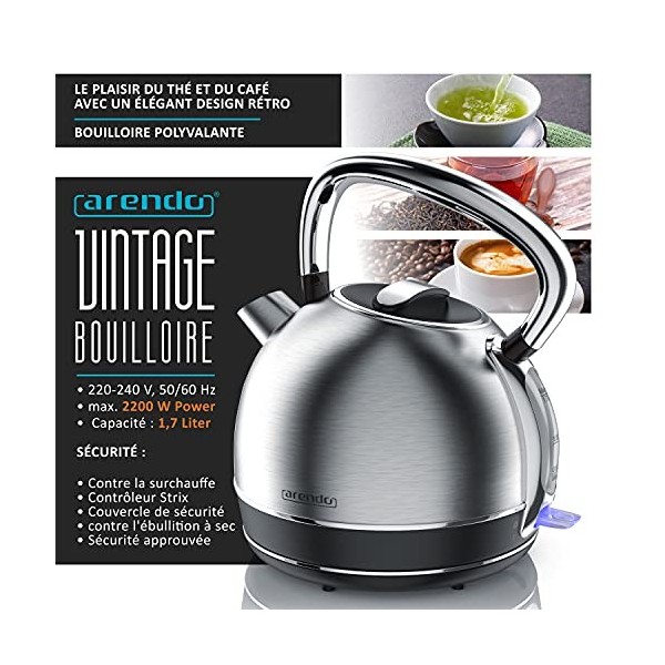 arendo - Bouilloire électrique en Acier Inoxydable - 1,7 Litre - 2200 W - Style Vintage rétro - Filtre anticalcaire Amovible 