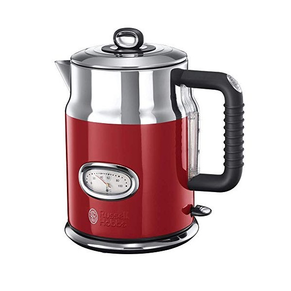 Russell Hobbs Bouilloire Electrique [Design Vintage Premium] Retro Rouge 1,7L, Ebullition Rapide, Jauge Température, Couverc