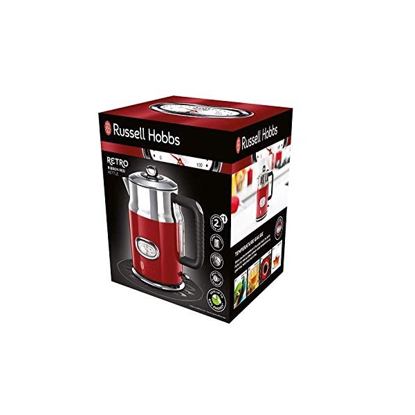 Russell Hobbs Bouilloire Electrique [Design Vintage Premium] Retro Rouge 1,7L, Ebullition Rapide, Jauge Température, Couverc