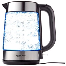 Amazon Basics Bouilloire électrique en verre, 1,7 litres, 2200W, Noir, Argenté