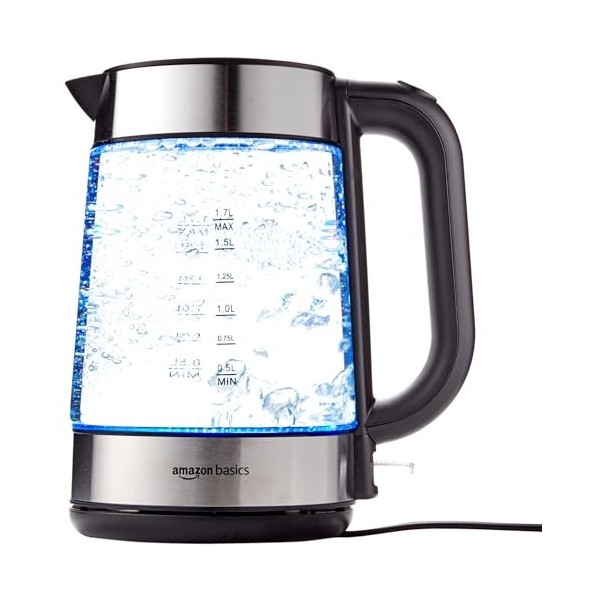 Amazon Basics Bouilloire électrique en verre, 1,7 litres, 2200W, Noir, Argenté