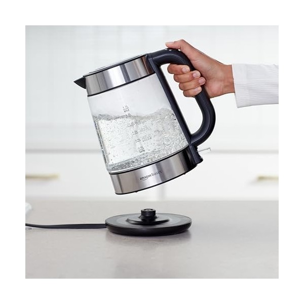 Amazon Basics Bouilloire électrique en verre, 1,7 litres, 2200W, Noir, Argenté