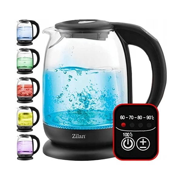 Zilan, Bouilloire en verre à écran numérique et LED, différentes couleurs,1.7lt, 5 réglages différents de la température, Bou