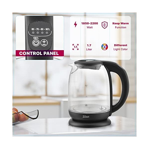 Zilan, Bouilloire en verre à écran numérique et LED, différentes couleurs,1.7lt, 5 réglages différents de la température, Bou
