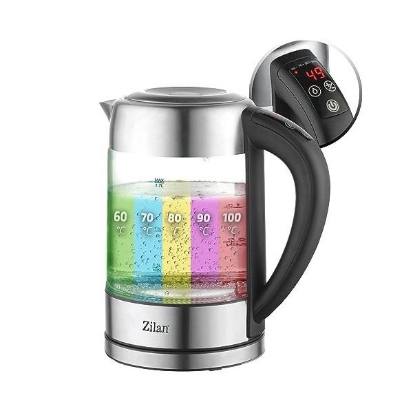 Zilan, Bouilloire en verre LED, différentes couleurs, écran numérique, 1,7lt, 5 réglages différents, Bouilloire sans fil avec