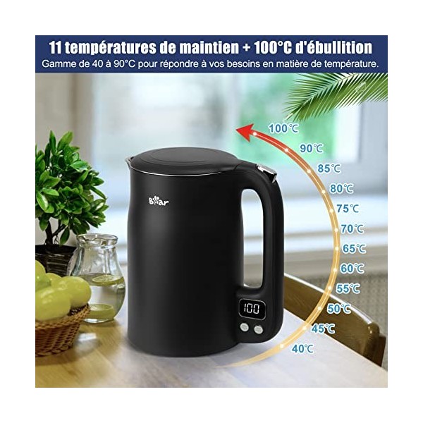 Bear 1,7l Bouilloire En Acier Inoxydable 304 Avec 11 Températures, 1800W Protection Contre les Brûlures à sec, Double Protect